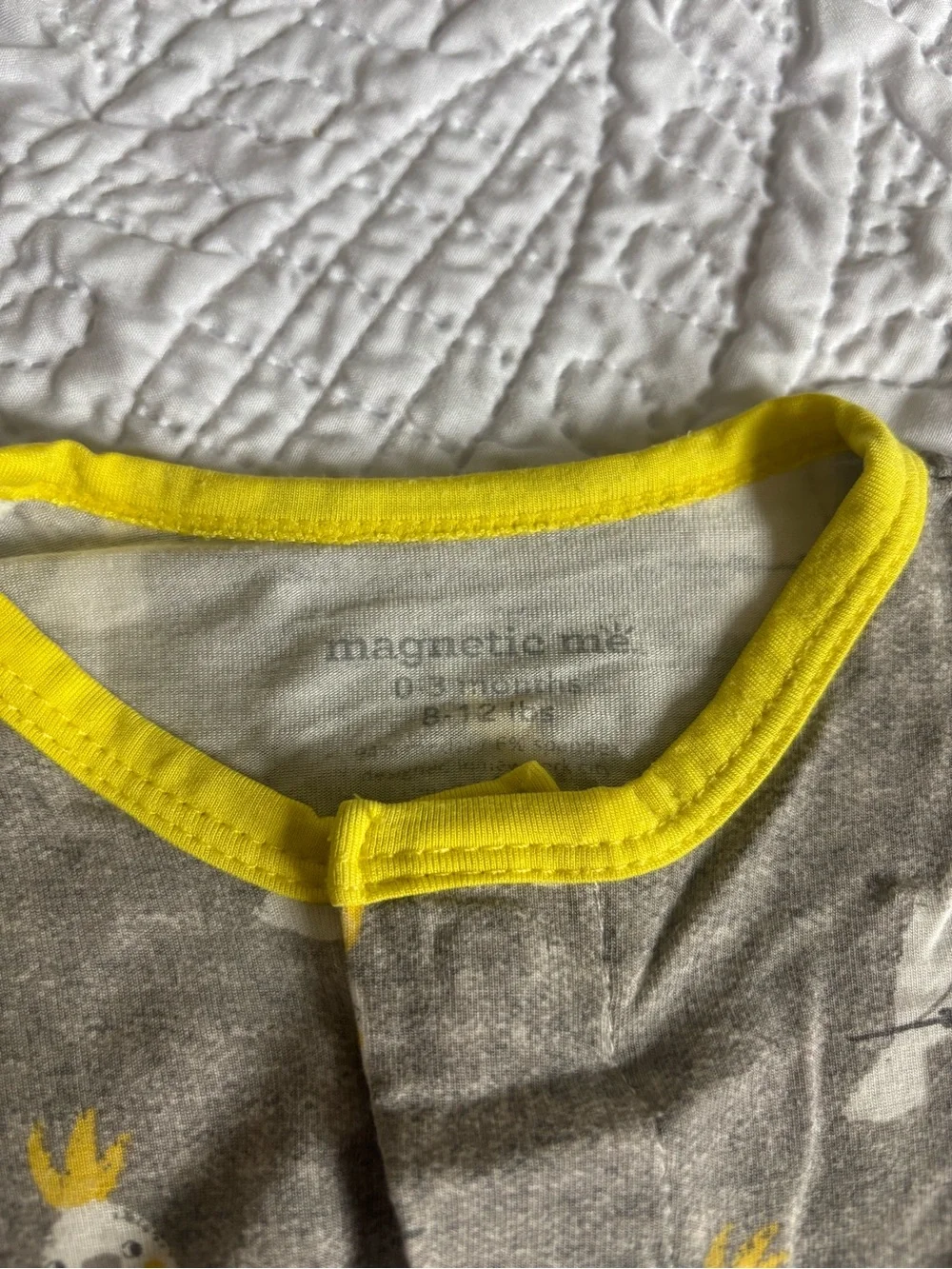 Magnetic Me Gray One-Piece Footie with Yellow Trim and Cockatoo Print